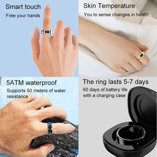 R08 Smart Ring Men Women with Charging Case,Heart Rate Blood Oxygen,Skin Temperature Monitor,5ATM Waterproof For Android iOS